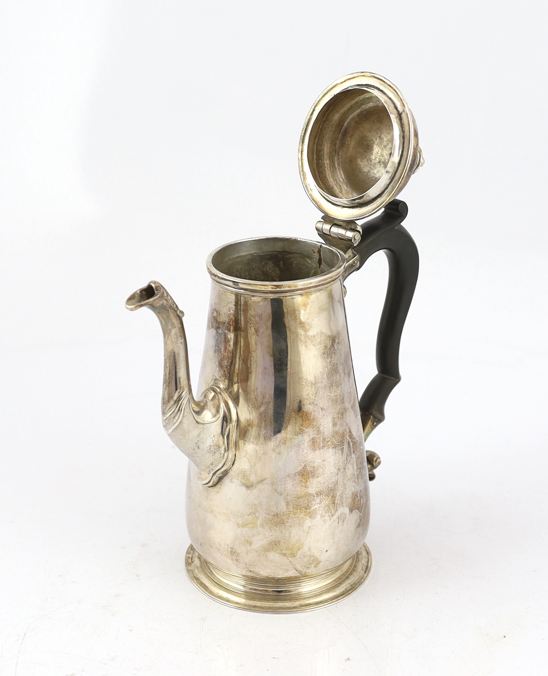 A George III silver coffee pot and hinged cover with turned finial, maker R?